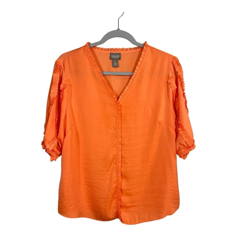 Chico’s Orange Ruffle Trim Blouse Womens Size 1 Medium Short Sleeve V Neck